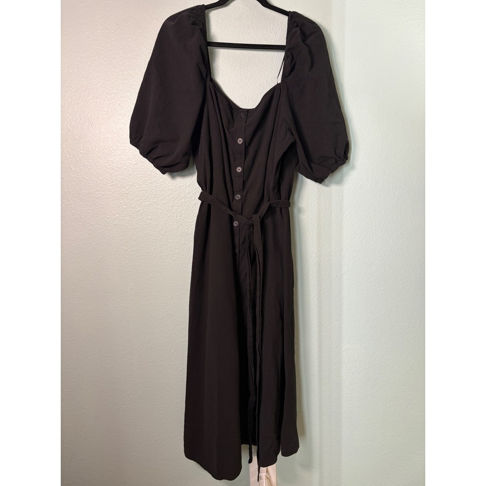 HM Black Cotton Puff Sleeve Button Front Midi Dress XL Square Neck Belted